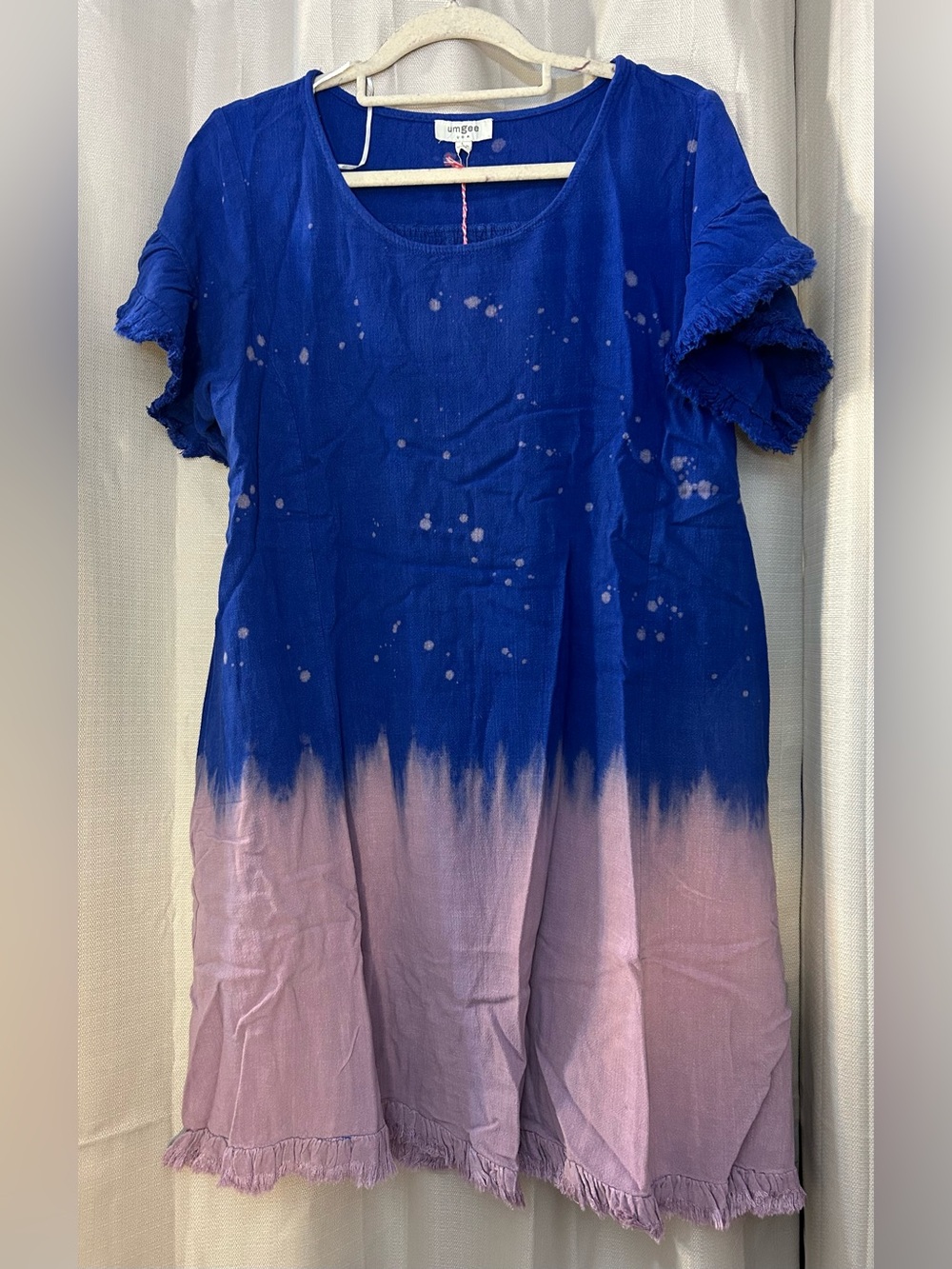 Umgee Linen Blend Bleach Dip Dye Ombre Dress Frayed Hem Blue